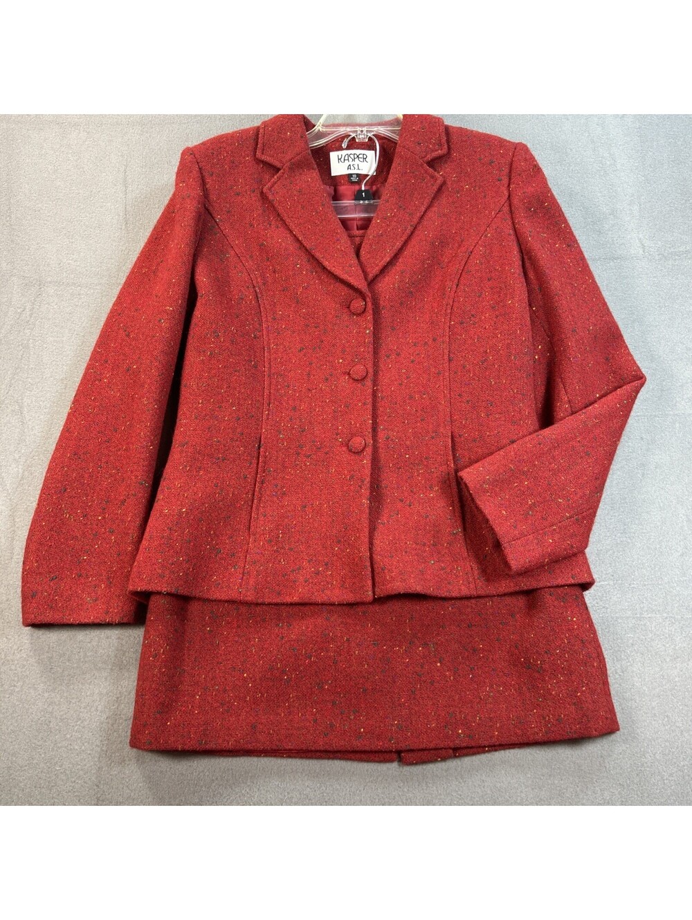 Vintage Kasper ASL Size 10 Burgundy Speckled Wool Tweed Skirt Suit Academia